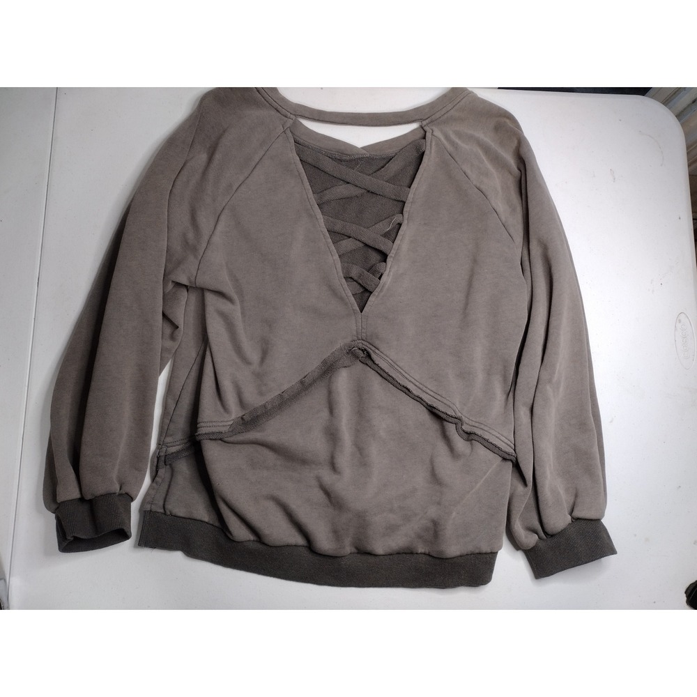 VICI Gray Lace Up Back Sweatshirt Womens Medium Long Sleeve Raw Seam - Picture 2 of 7
